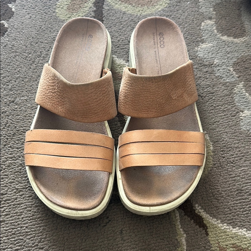 Ecco Light Brown Leather Slide Sandals